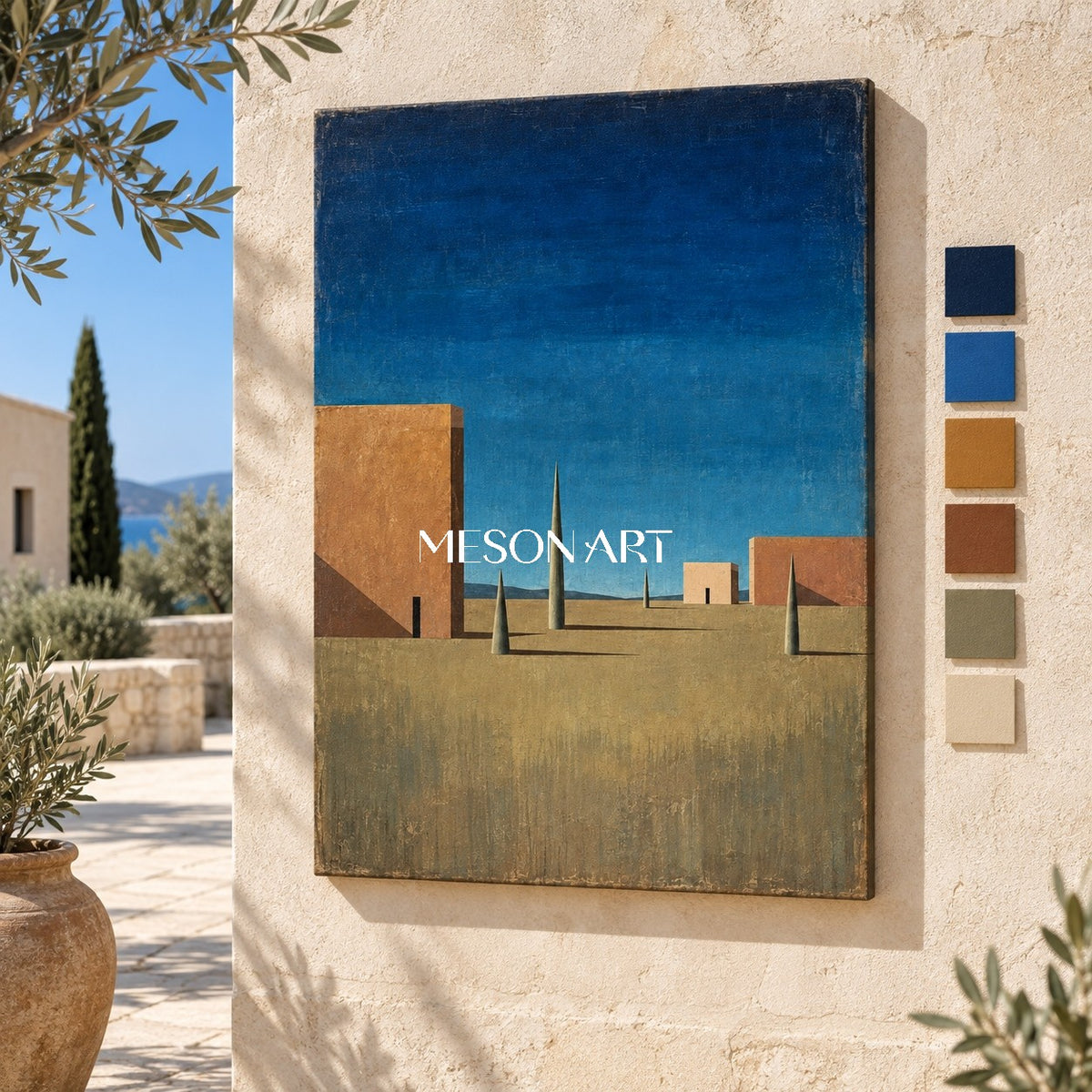 Blue Brown Surrealist Metaphysical Architectural Geometric Nostalgic Rectangular Wall Art By Mesonart