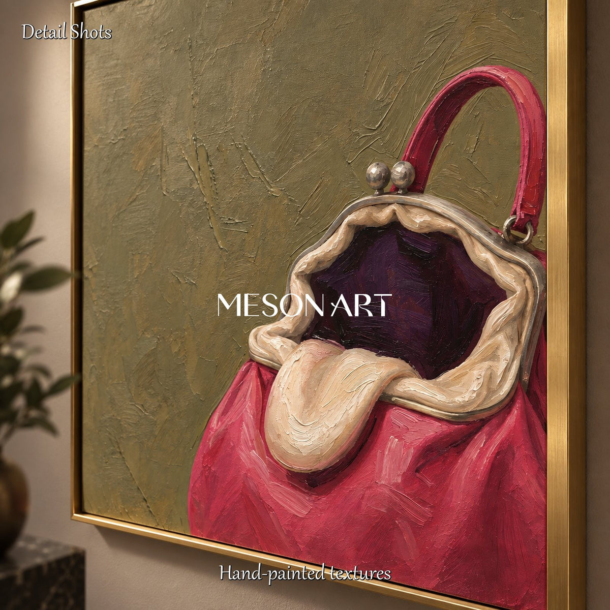 Pink And Green Surrealist Bag Painting Square Wall Art Original Artist Hand Painted By Mesonart