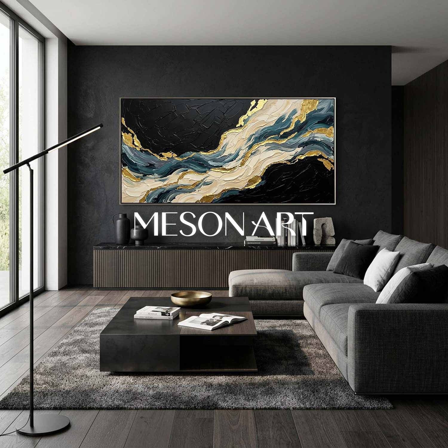 Abstract Plaster Texture Art With Gold Accents For Modern Living Room Decor