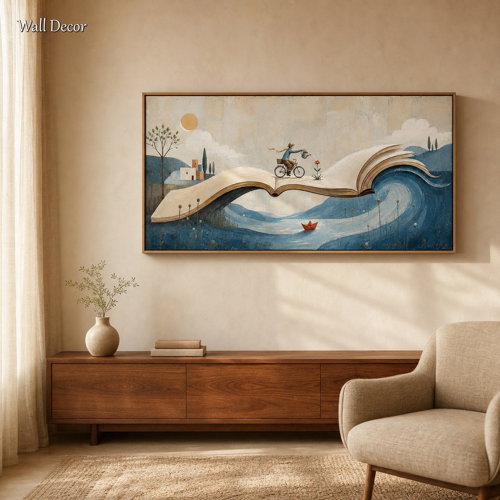 Surrealist Fantasy Painting With Book And Wave For Modern Living Room Decor
