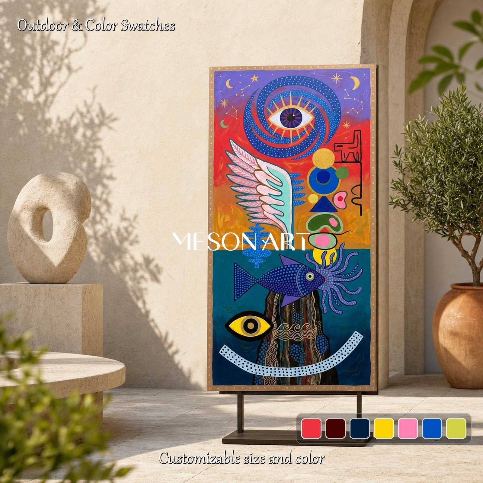 Surrealist Abstract Painting With Cosmic Symbols For Modern Living Room Decor