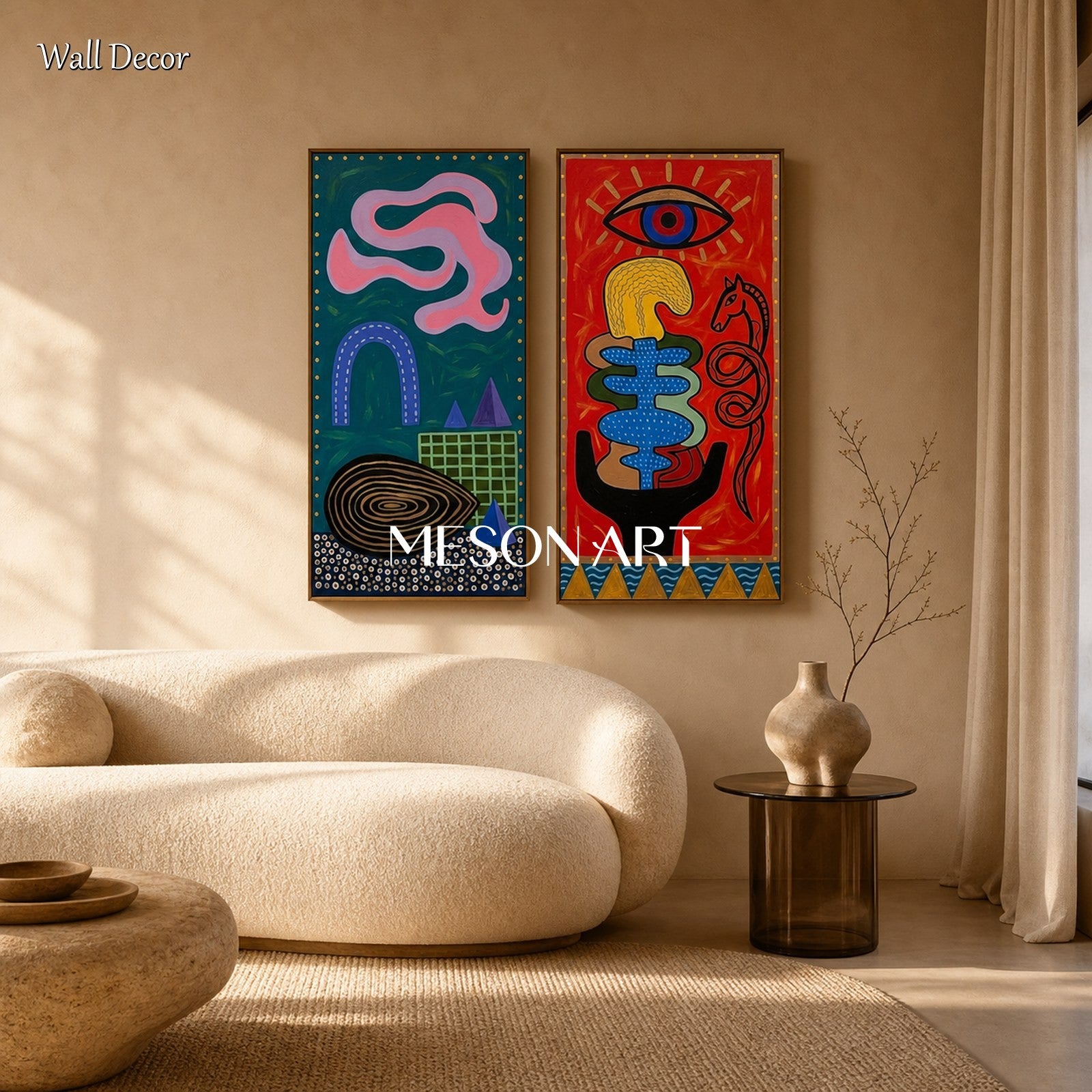 Original Surrealist Art Painting With Bold Red And Teal Colors For Living Room Decor
