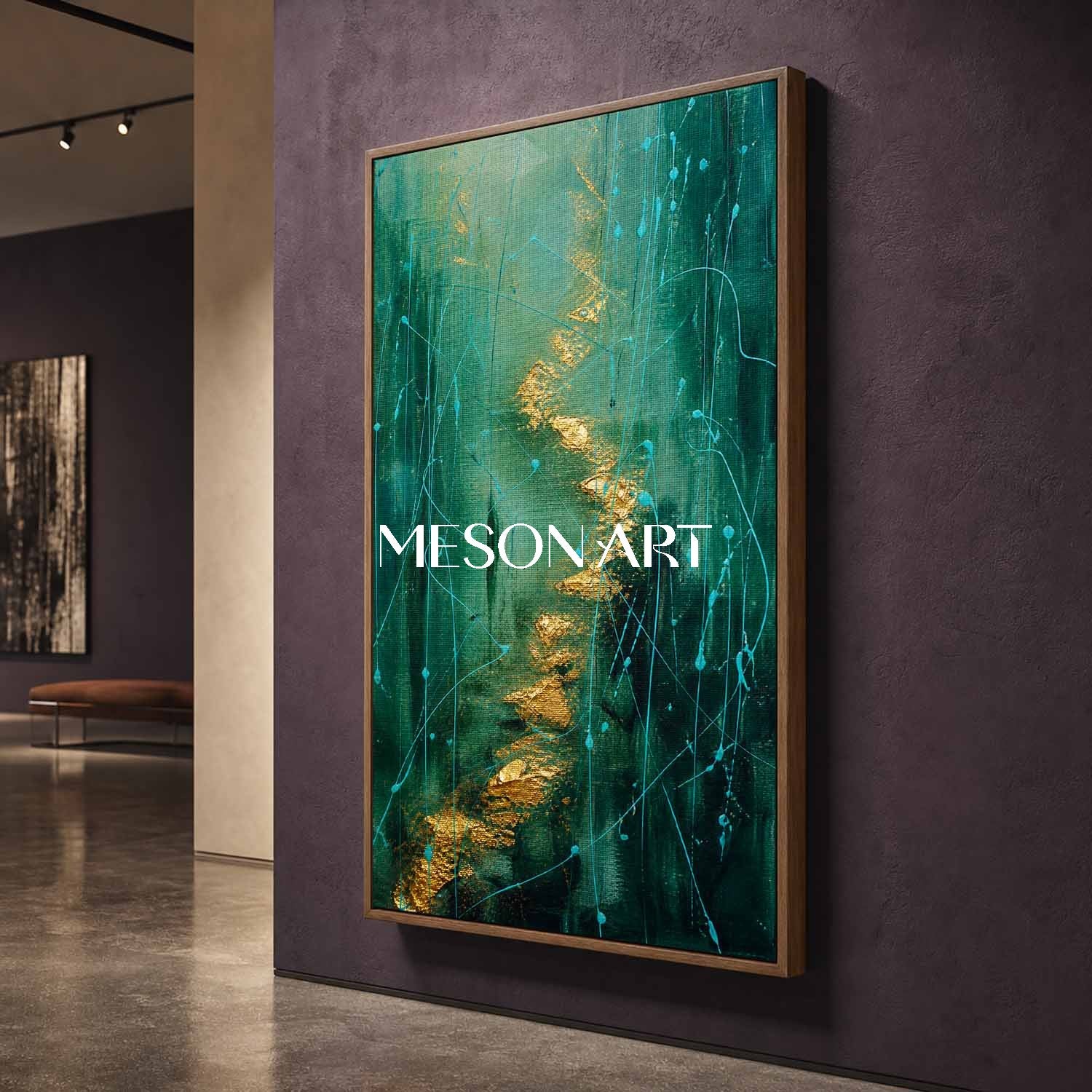 Green And Gold Pollock Abstract Art Painting With Fluid Lines For Modern Living Room Decor