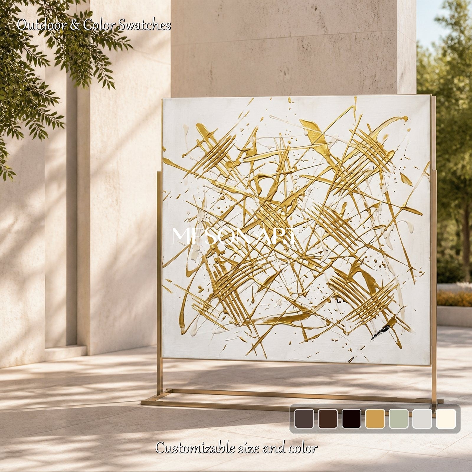 White And Gold Abstract Expressionism Painting Jackson Pollock Inspired Square Wall Art For Living Room By Mesonart