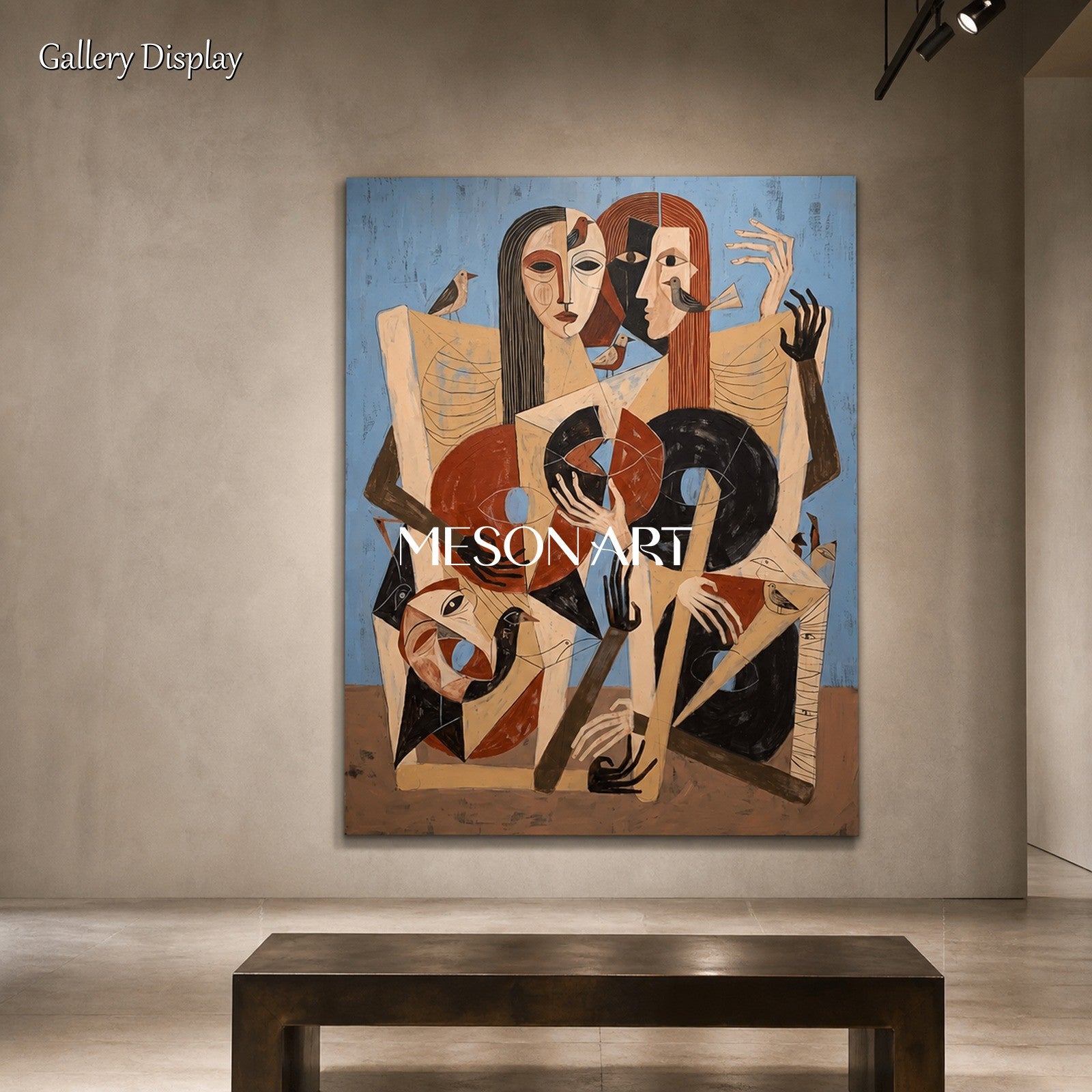 Beige And Blue Figurative Expressionist Art Rectangular Painting By Mesonart