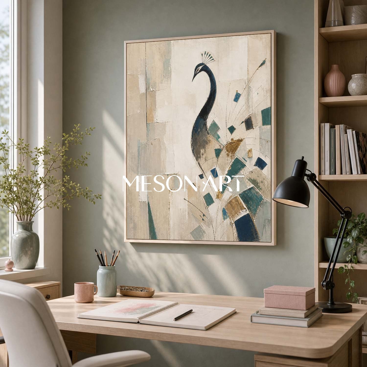 Art Deco Peacock Painting Abstract Geometric Animal Wall Art For Modern Living Room Entryway Decor