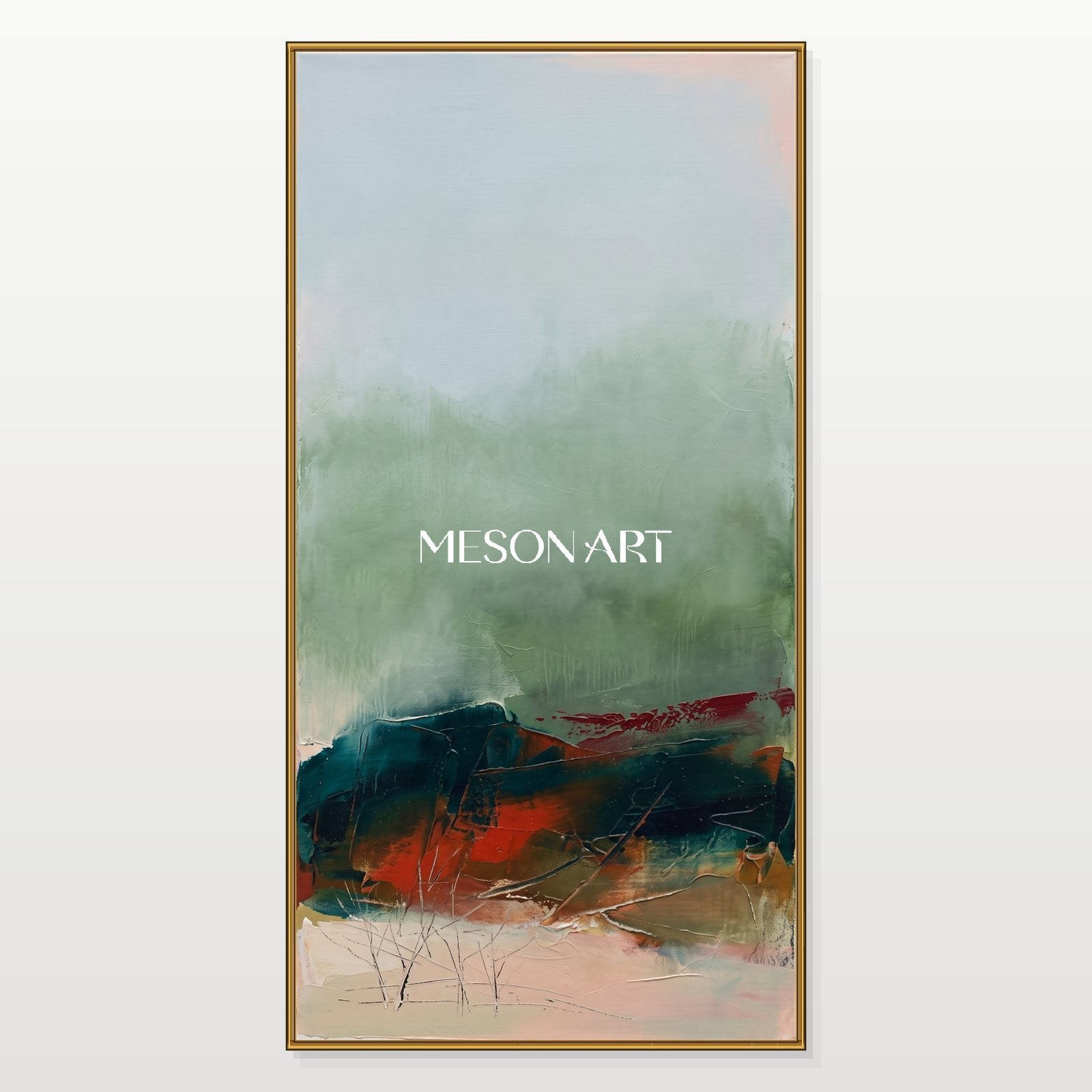 Green And Red Abstract Landscape Painting Contemporary Art Panoramic Wall Decor For Living Room By Mesonart