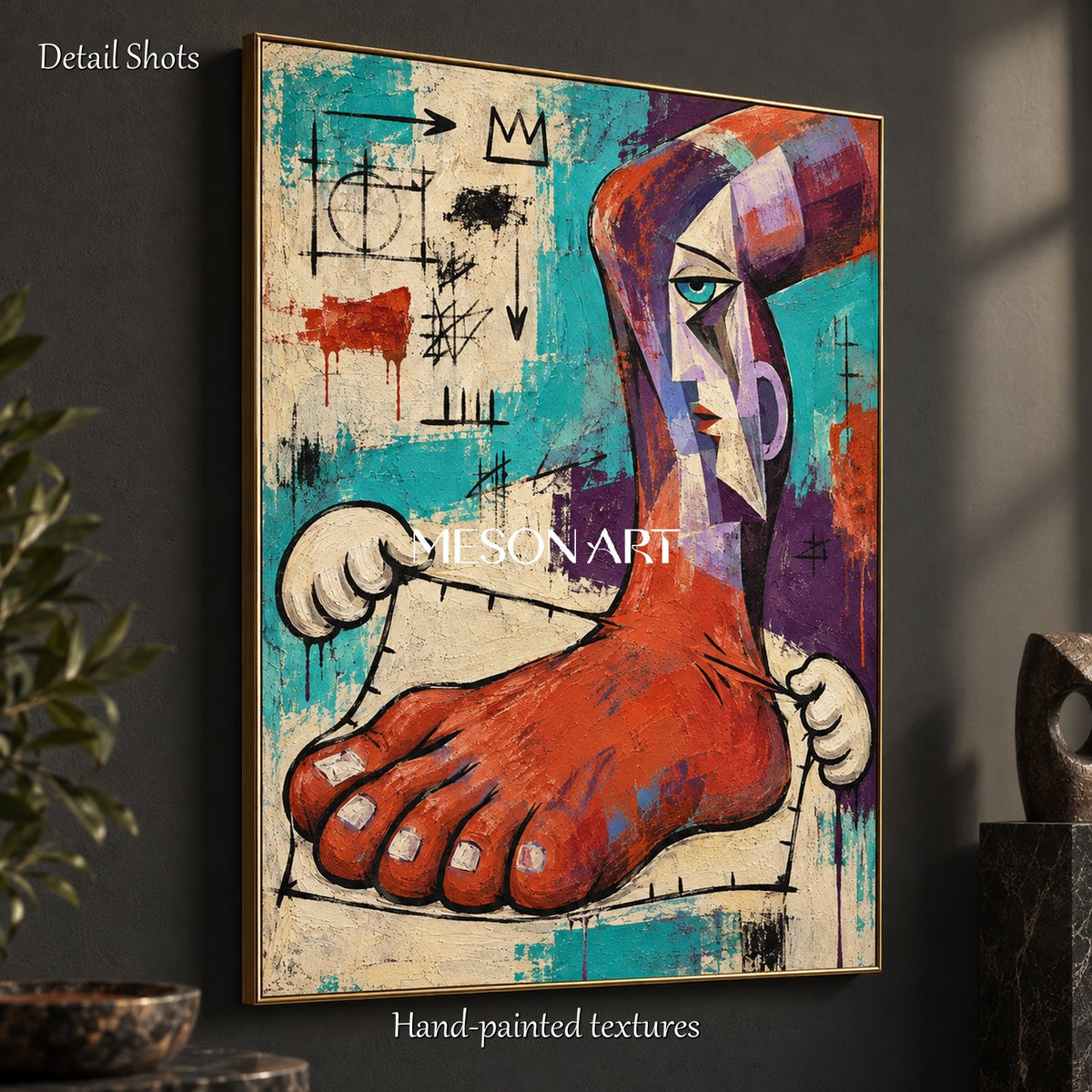 Red And Blue Neo Expressionist Graffiti Art Painting Textured Canvas Wall Decor For Living Room By Mesonart