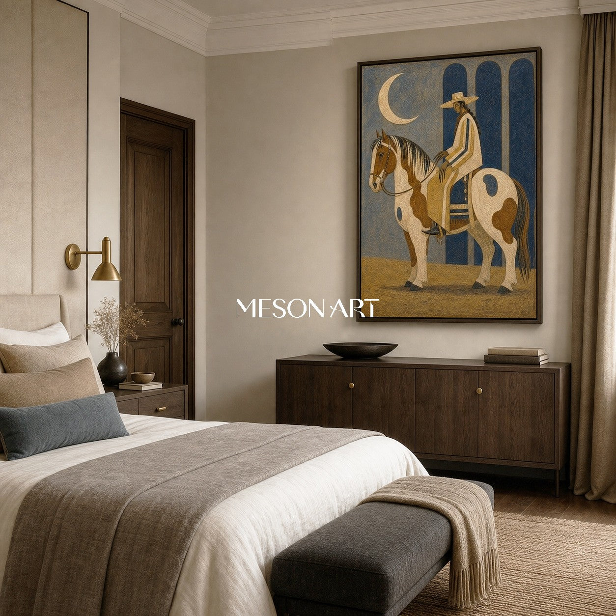 Moonlit Cowboy Horse Painting Art Deco Style Textured Canvas Wall Decor For Living Room Office