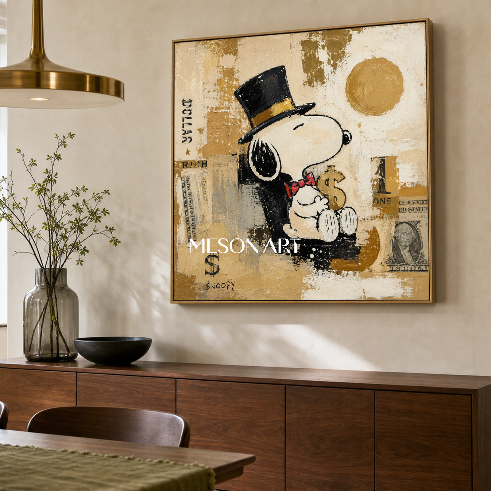 Snoopy Pop Art Painting With Gold Accents For Modern Living Room Decor