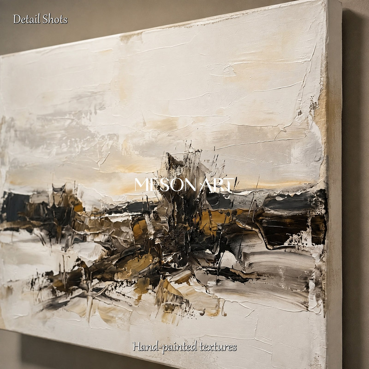 Quadro astratto raffigurante un paesaggio, nei toni del beige e del nero, di forma rettangolare, con cornice neutra, realizzato da Mesonart