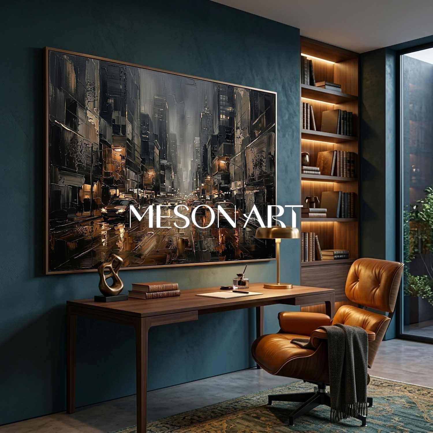 Abstract City Street Painting With Plaster Texture For Industrial Loft Living Room