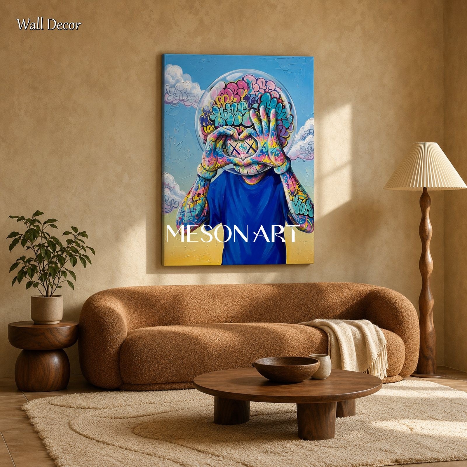 Vibrant Graffiti Art Painting With Bubble Head Figure For Modern Living Room Decor