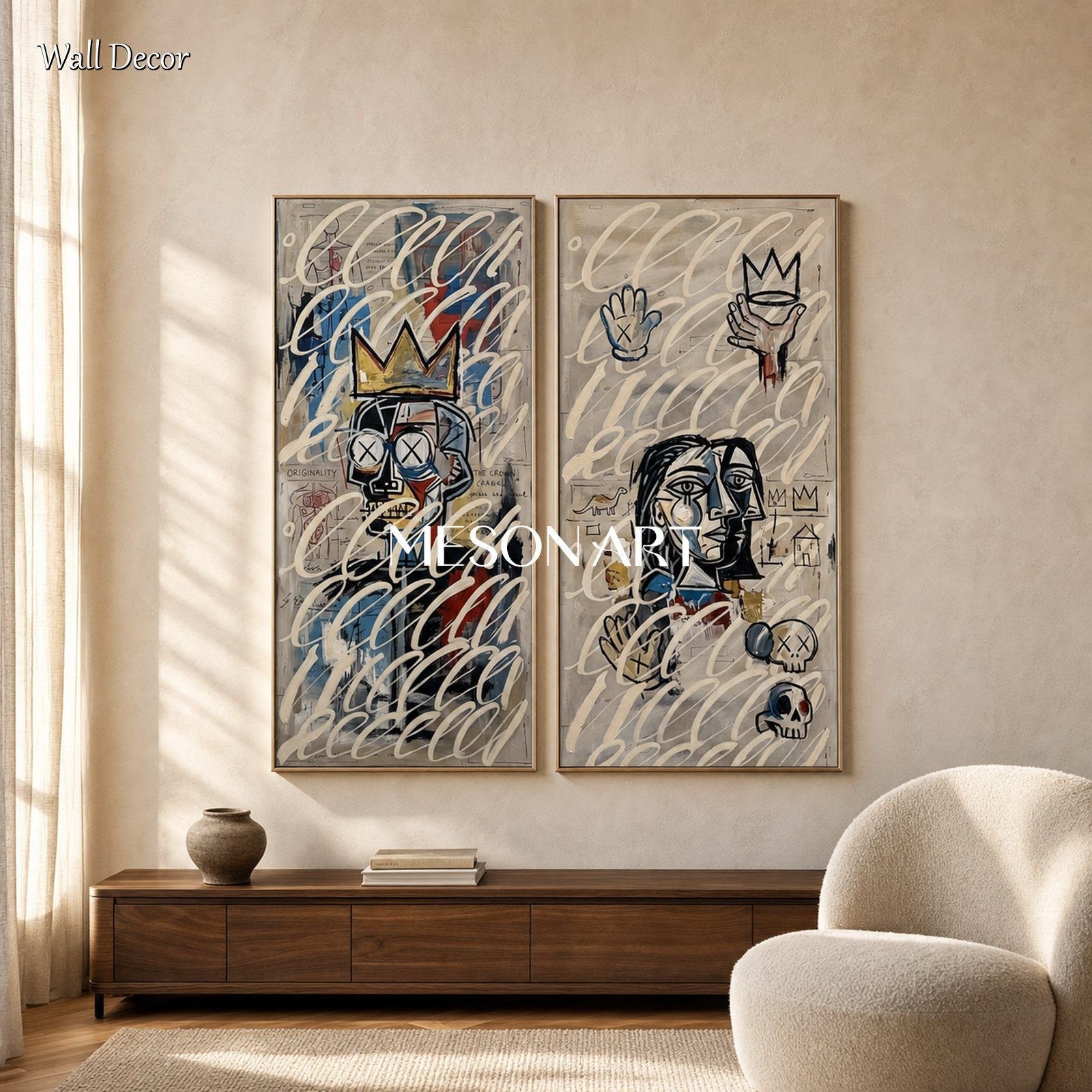 Modern Graffiti Inspired Diptych Art With Crown Motifs For Contemporary Living Room Wall Decor