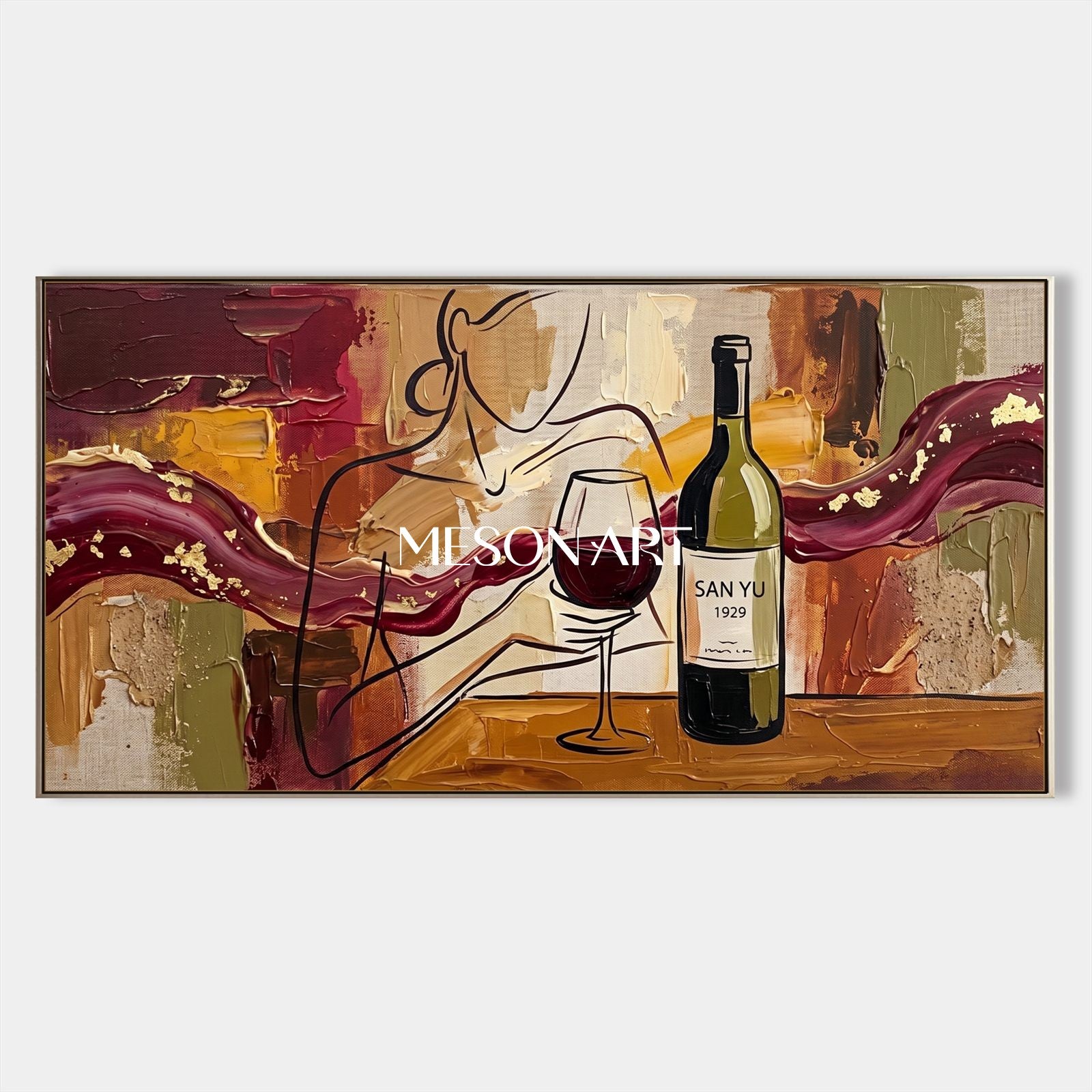 Red And Brown Contemporary Figurative Wine Painting Panoramic Original Artwork By Mesonart