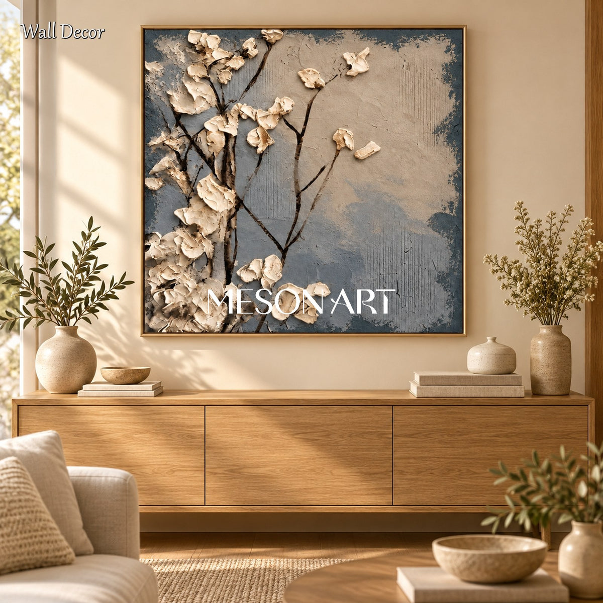 Blue And Cream Floral Impasto Textured Rectangular Wall Art For Bedroom Original Artist By Mesonart