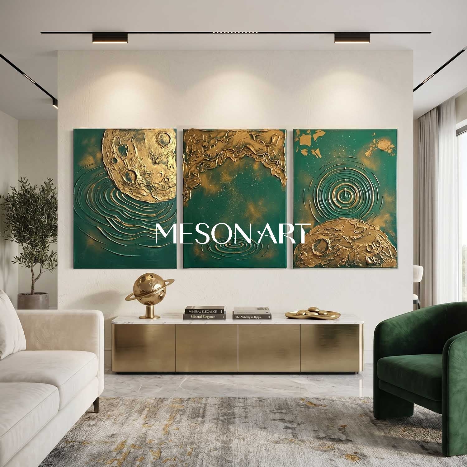 Green And Gold Textured Abstract Triptych Art For Modern Living Room Entryway Decor
