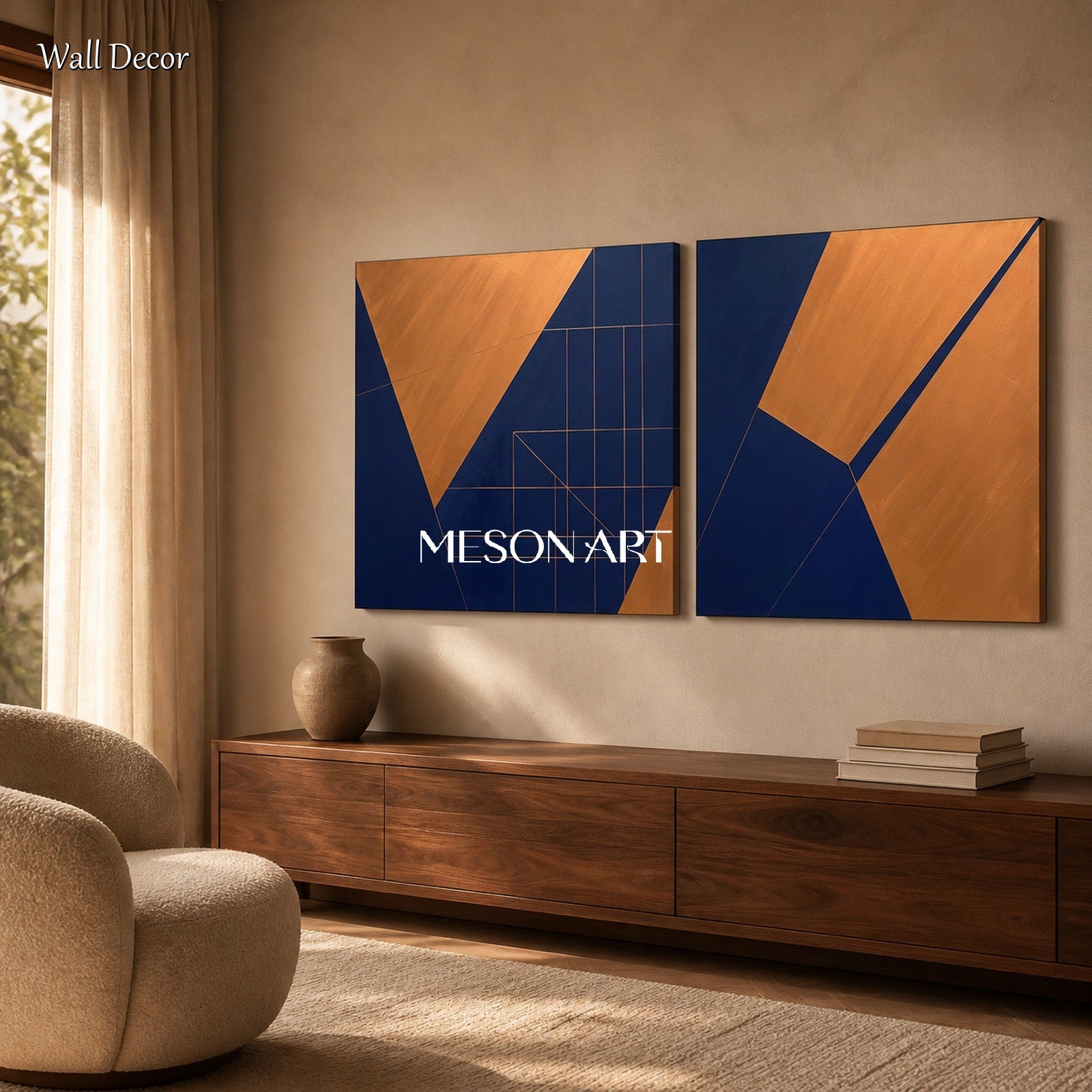 Blue And Gold Painting Contemporary Original Art Square Wall Decor For Living Room By Mesonart