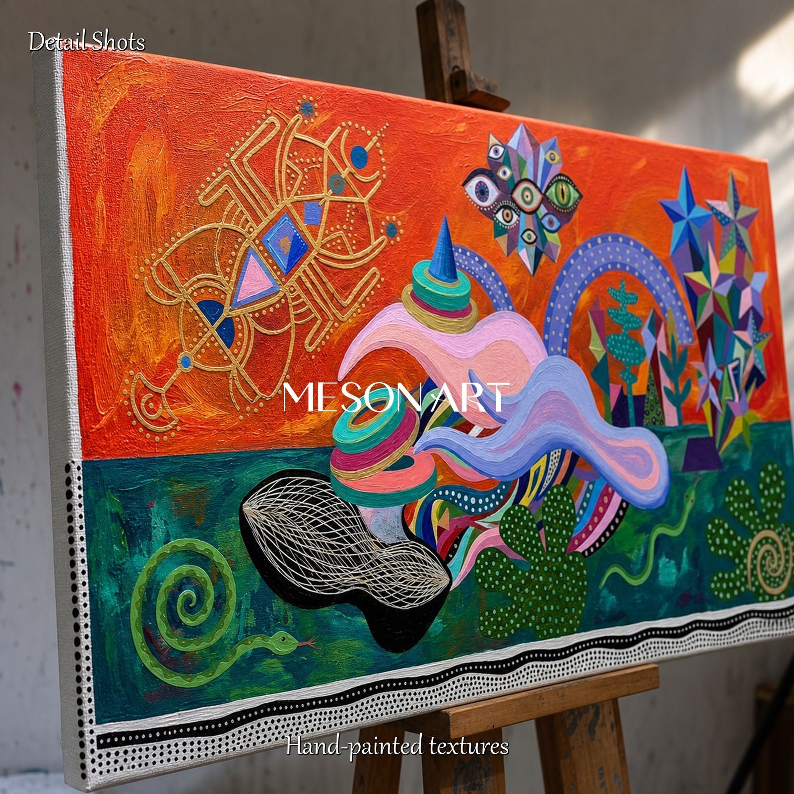 Vibrant Surrealist Painting With Orange And Green Tones For Modern Living Room Wall Art