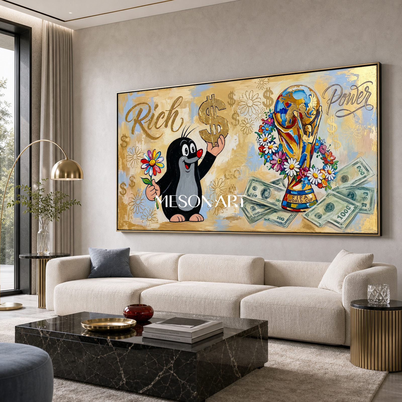 Luxury Gold Pop Art Painting With Cartoon Mole And Dollar Signs For Modern Living Room Decor