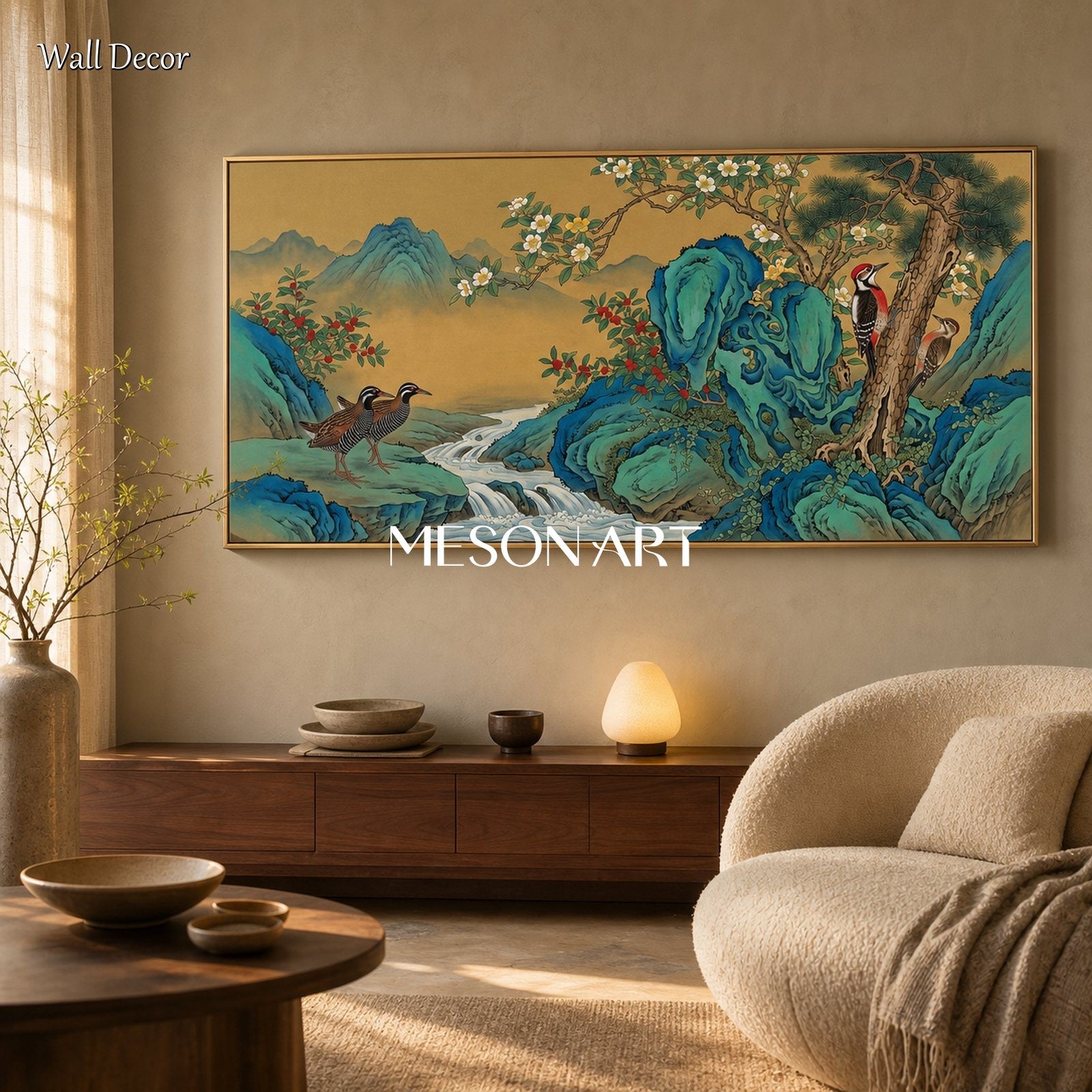 Blue And Gold Gongbi Painting Original Artist Panoramic Wall Art For Living Room By Mesonart