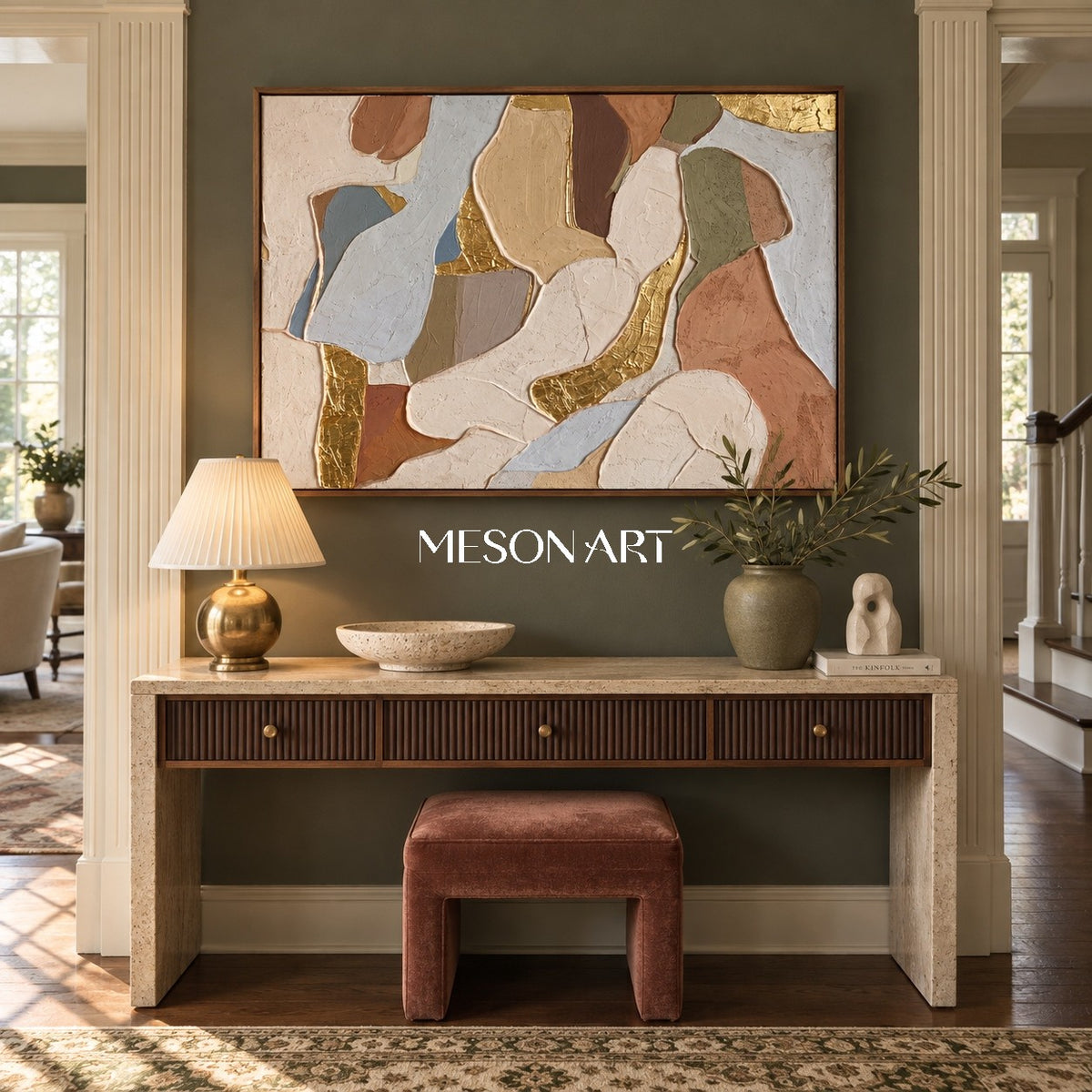 Beige And Gold Abstract Textured Organic Minimal Modern Rectangular Wall Art For Living Room By Mesonart