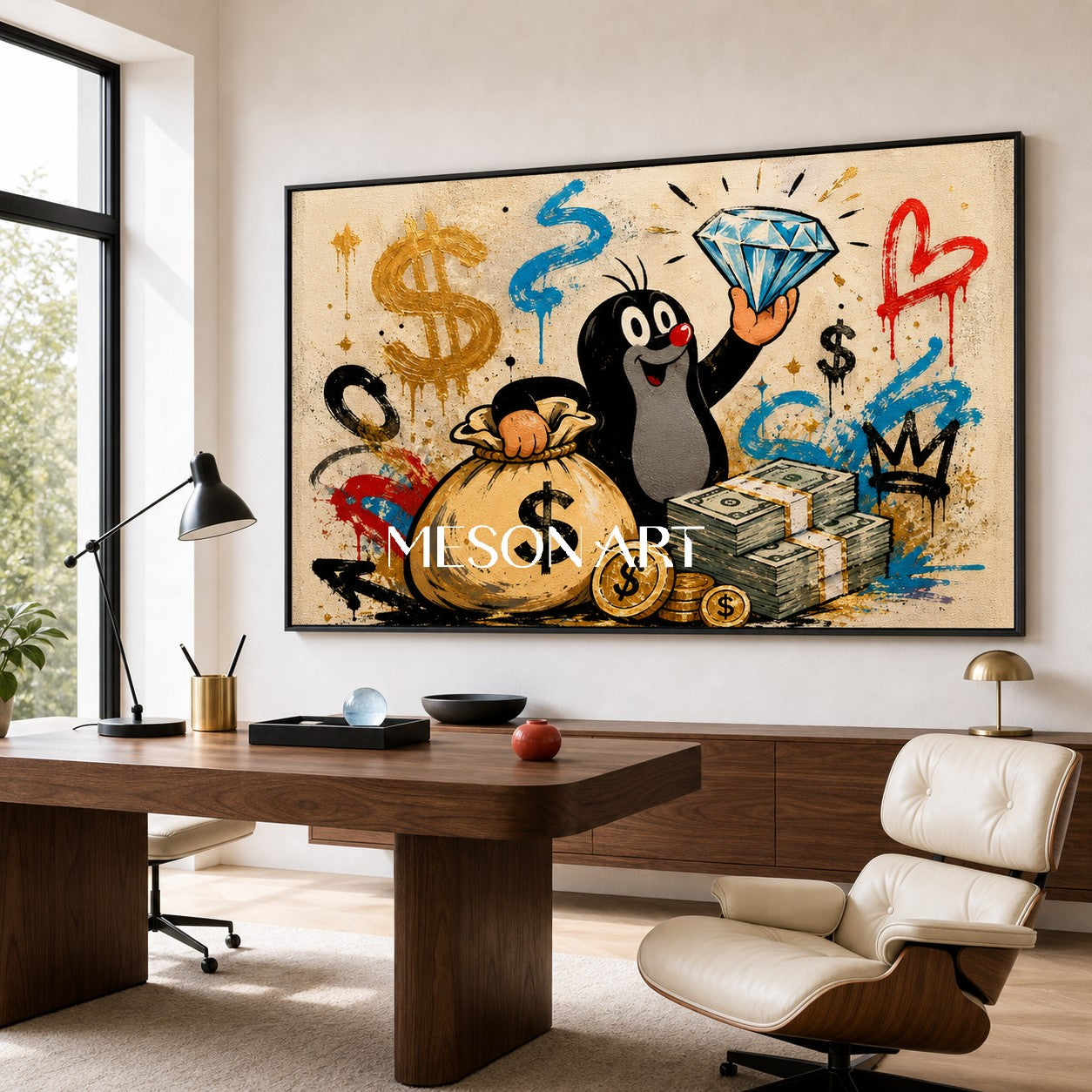 Playful Mole Graffiti Art With Dollar Signs For Modern Living Room Decor