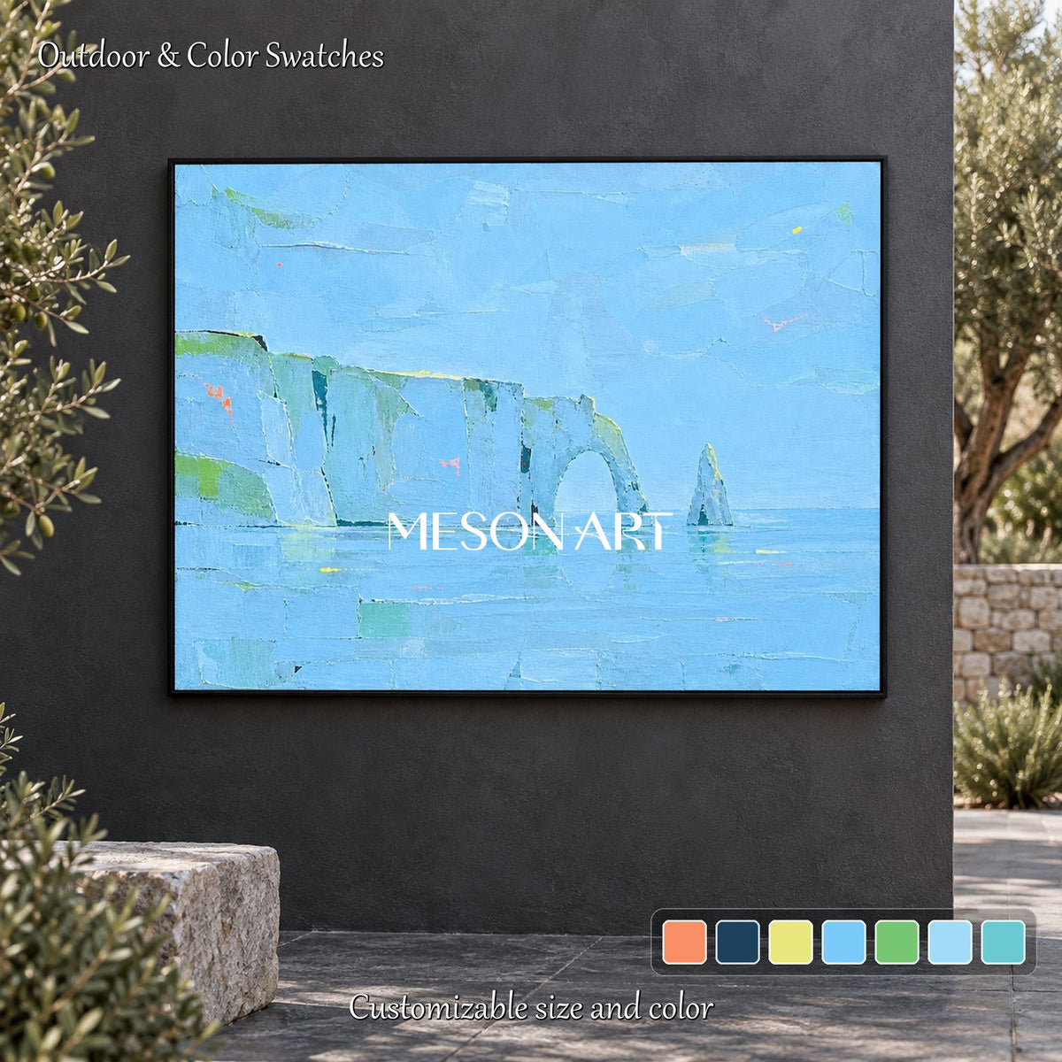 Blue And Green Abstract Landscape Painting Rectangular Wall Art Original Artist Palette Knife By Mesonart