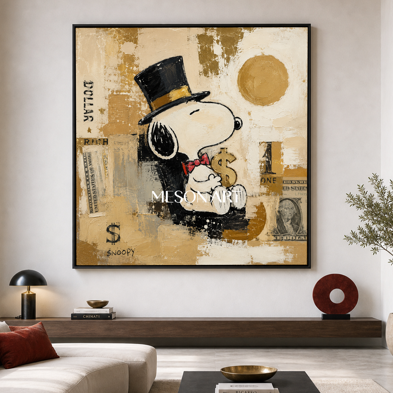 Snoopy Pop Art Painting With Gold Accents For Modern Living Room Decor