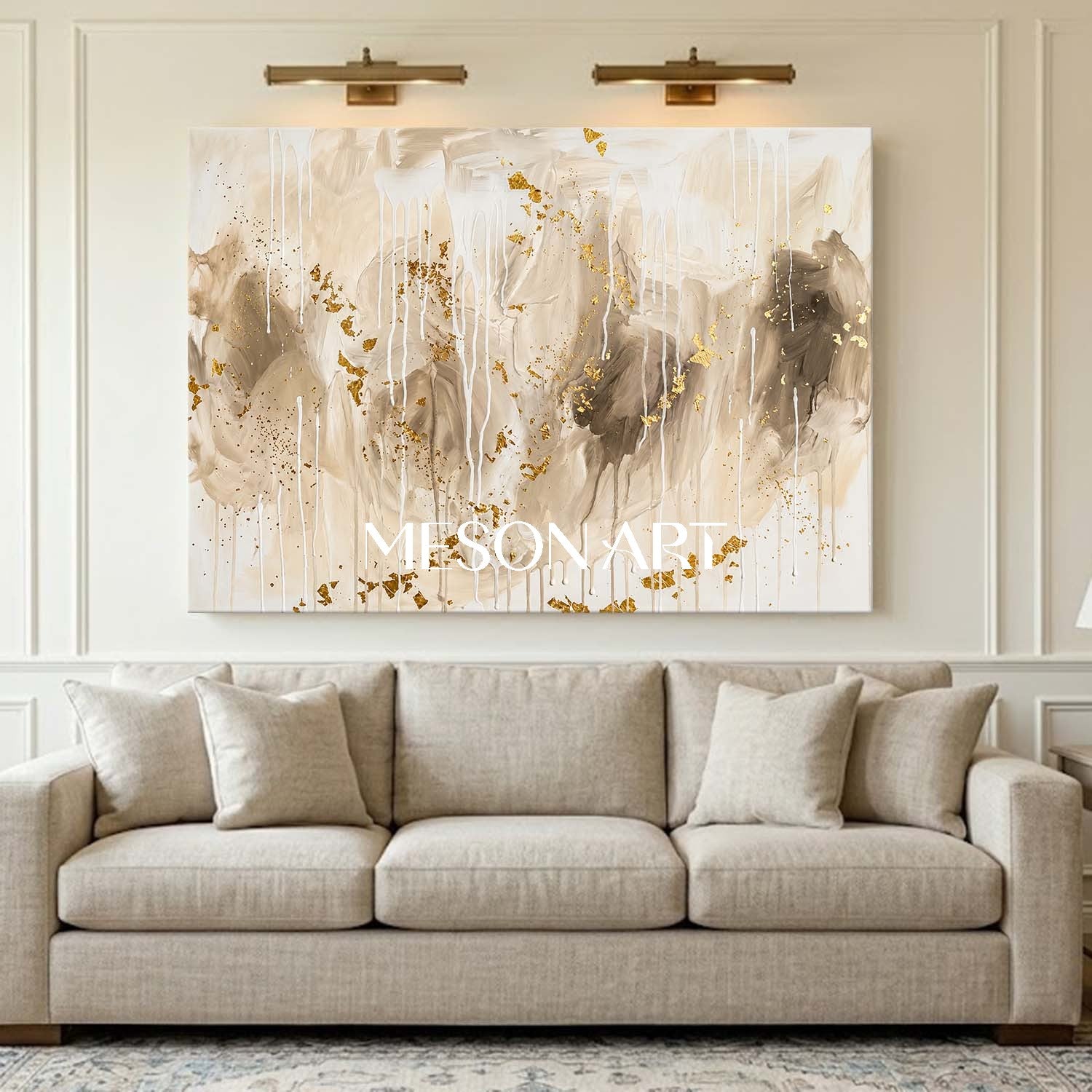 Gilded Abstract Painting With Gold Leaf And Fluid Drips For Luxury Home Decor