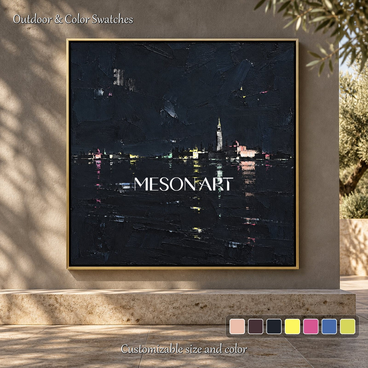 Black And Gold Abstract Landscape Painting Square Minimalist Palette Knife Art Original Artist By Mesonart