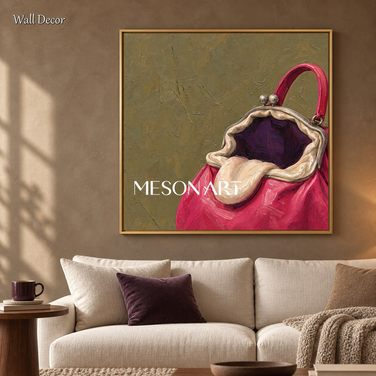 Pink And Green Surrealist Bag Painting Square Wall Art Original Artist Hand Painted By Mesonart