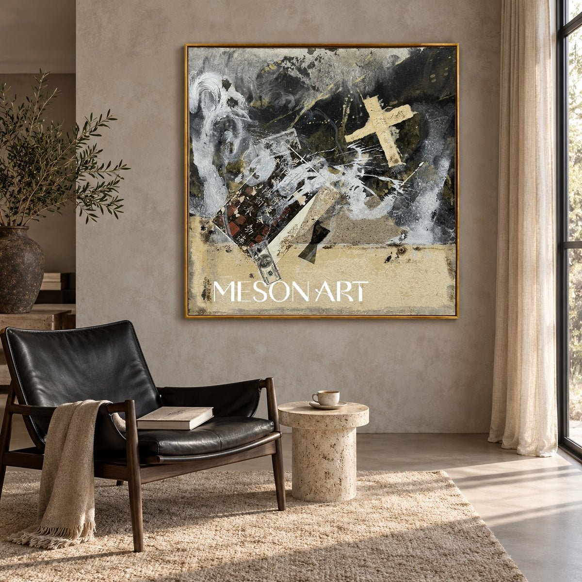 Black And Gold Painting Abstract Modern Textured Mixed Media Original Artist Square Wall Art For Living Room By Mesonart
