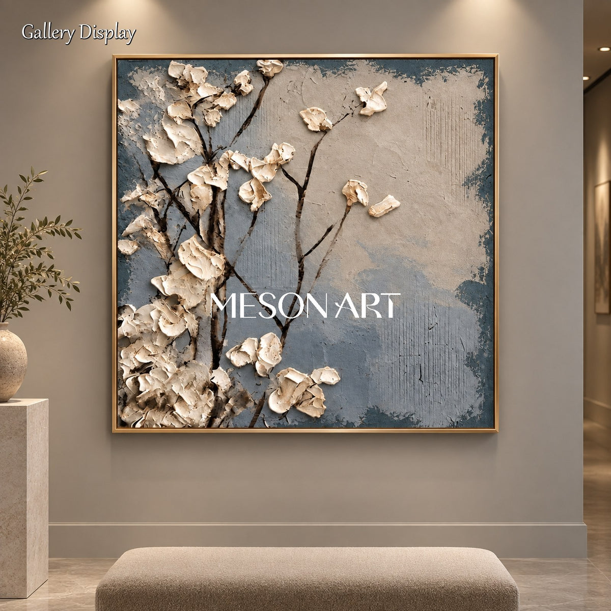 Blue And Cream Floral Impasto Textured Rectangular Wall Art For Bedroom Original Artist By Mesonart