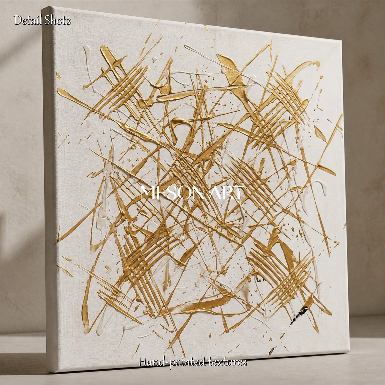 White And Gold Abstract Expressionism Painting Jackson Pollock Inspired Square Wall Art For Living Room By Mesonart