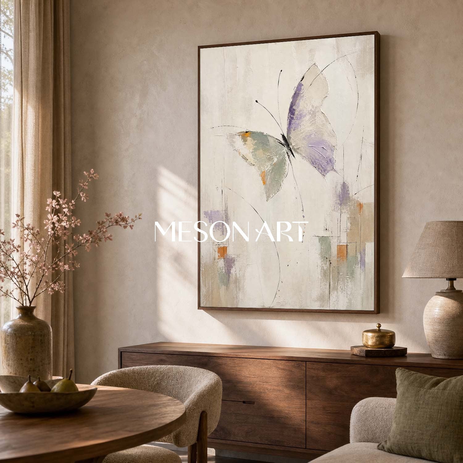 Minimalist Butterfly Abstract Painting In Violet Beige For Modern Home Decor