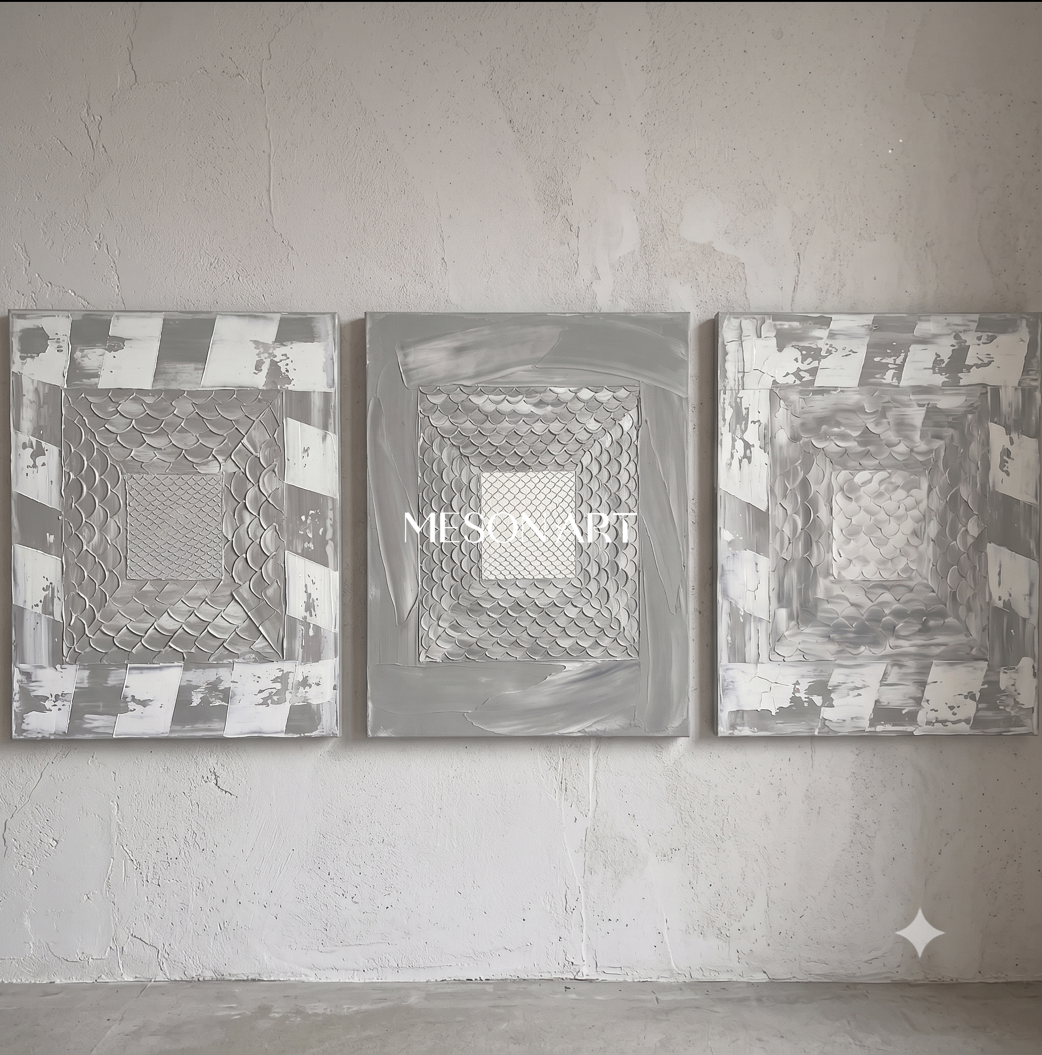 Gray Abstract Triptych With Textured Relief For Modern Living Room Decor