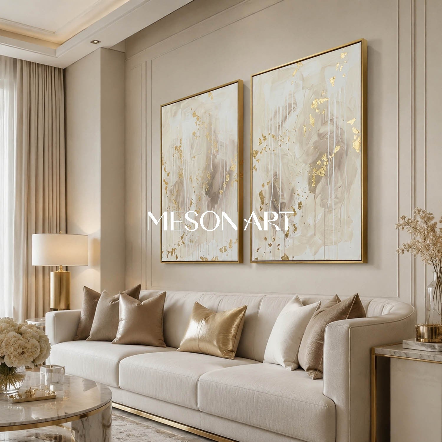 Gilded Abstract Diptych With Gold Leaf For Modern Living Room And Entryway Decor