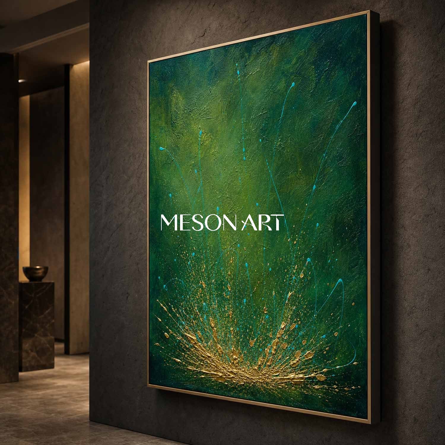 Emerald Green And Gold Abstract Painting Original Pollock Style Art For Living Room