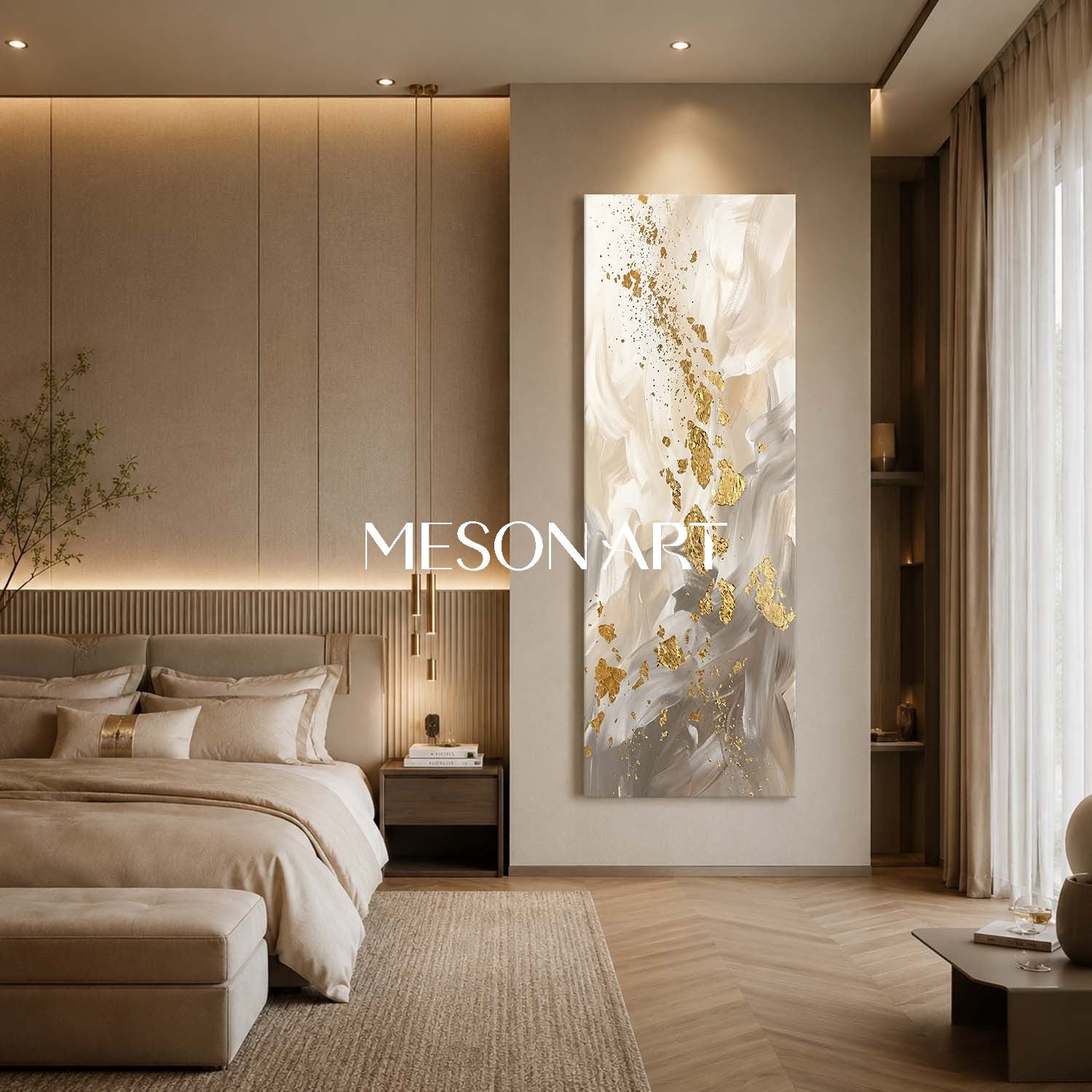 Luxury Abstract Gold Leaf Painting Beige Modern Wall Art For Living Room