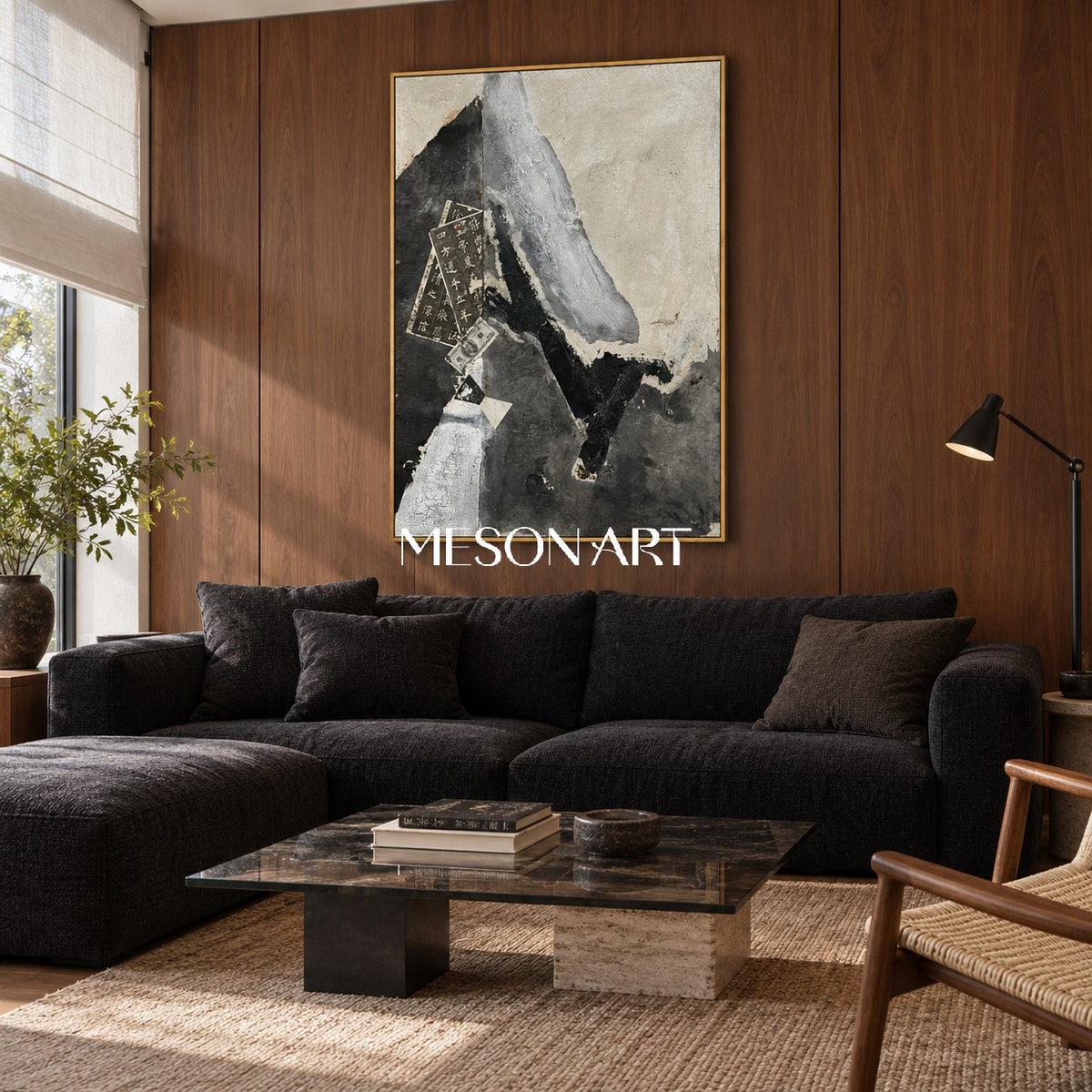 Black And White Abstract Painting Rectangular Wall Art Modern Textured Mixed Media Original By Mesonart