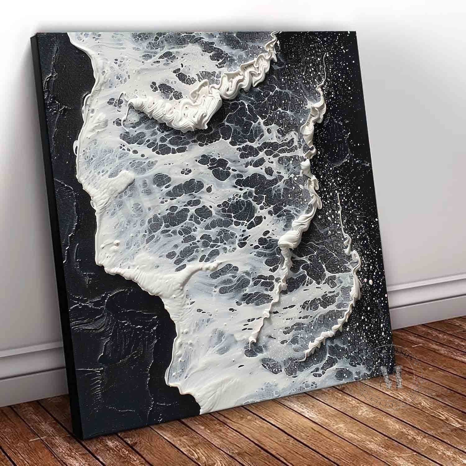 3D Black and White Wave Art Canvas Black and White Abstract Textured Acrylic Wall Painting