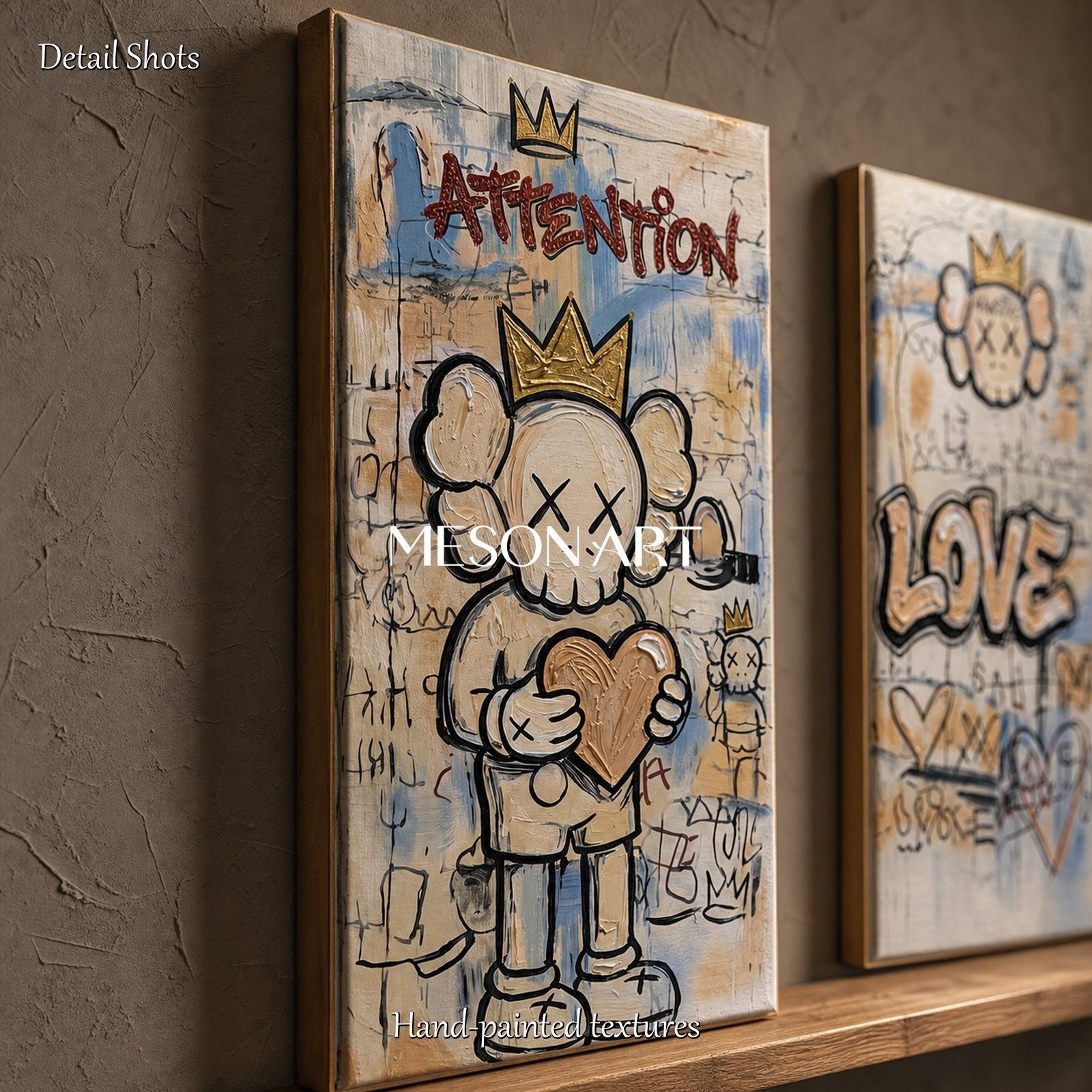 Large Beige Kaws Original Artwork Set With Gold Crown And Heart Motifs For Modern Living Room Decor
