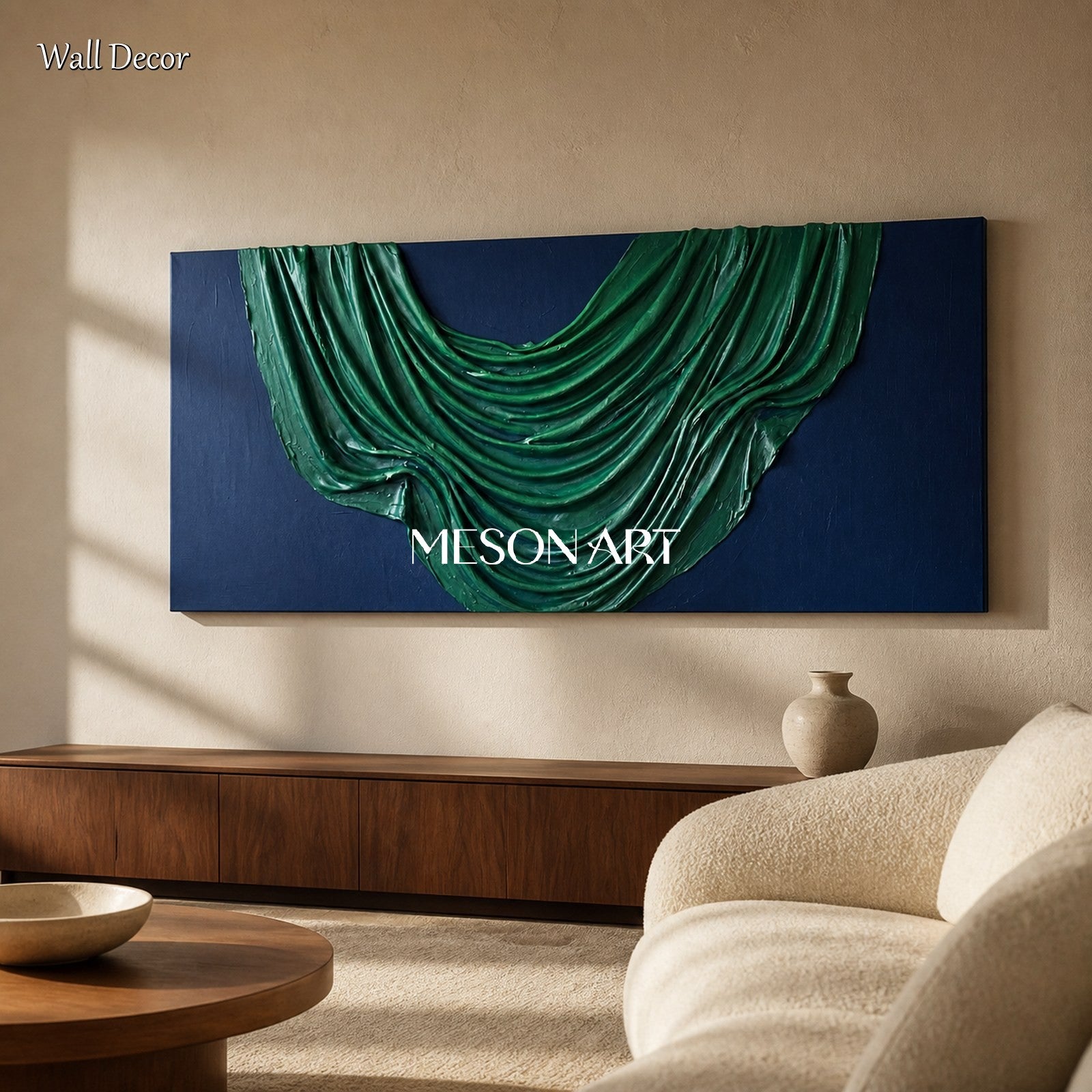 Green And Blue Minimalist 3D Plaster Relief Wall Art Panoramic Sculptural Original Artist By Mesonart