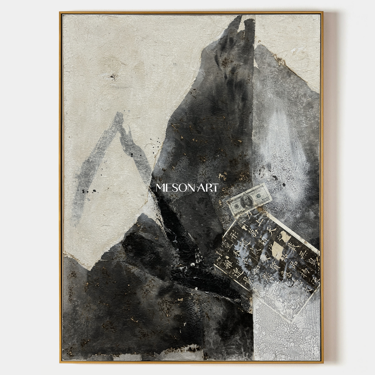 Black And White Abstract Art Original Artist Hand Painted Mixed Media Textured Painting Rectangular Wall Art For Living Room By Mesonart