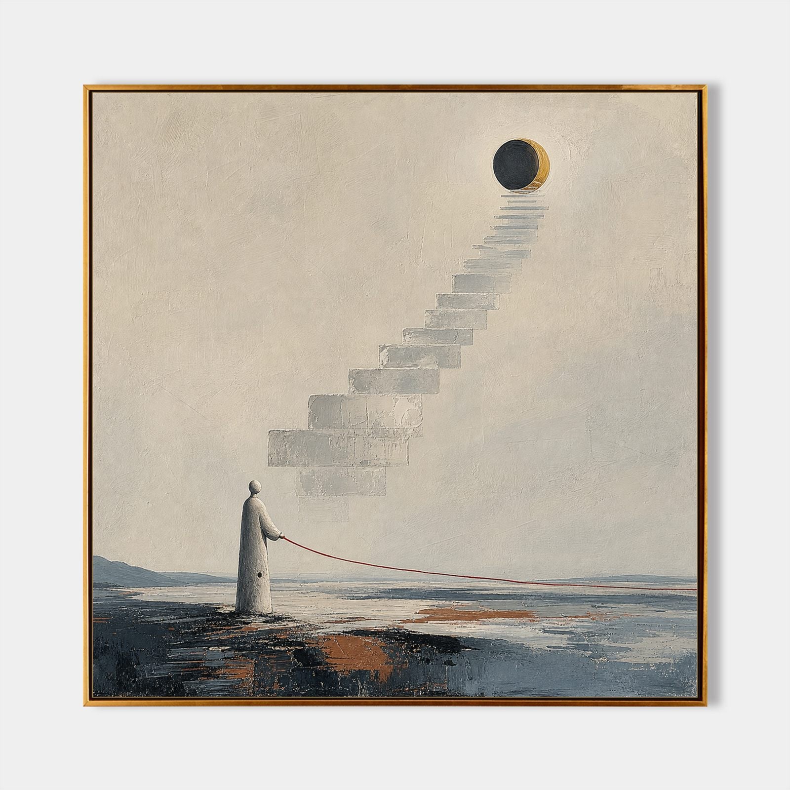Surrealist Stairway To Moon Original Painting With Textured Plaster And Gold Frame For Living Room