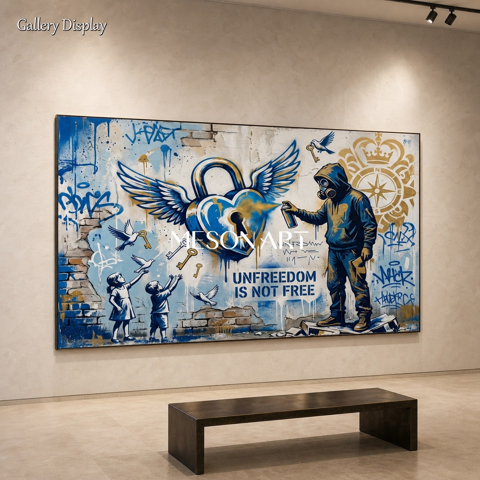 Blue And Gold Graffiti Heart Original Artist Hand Painted Rectangular Wall Art For Living Room By Mesonart