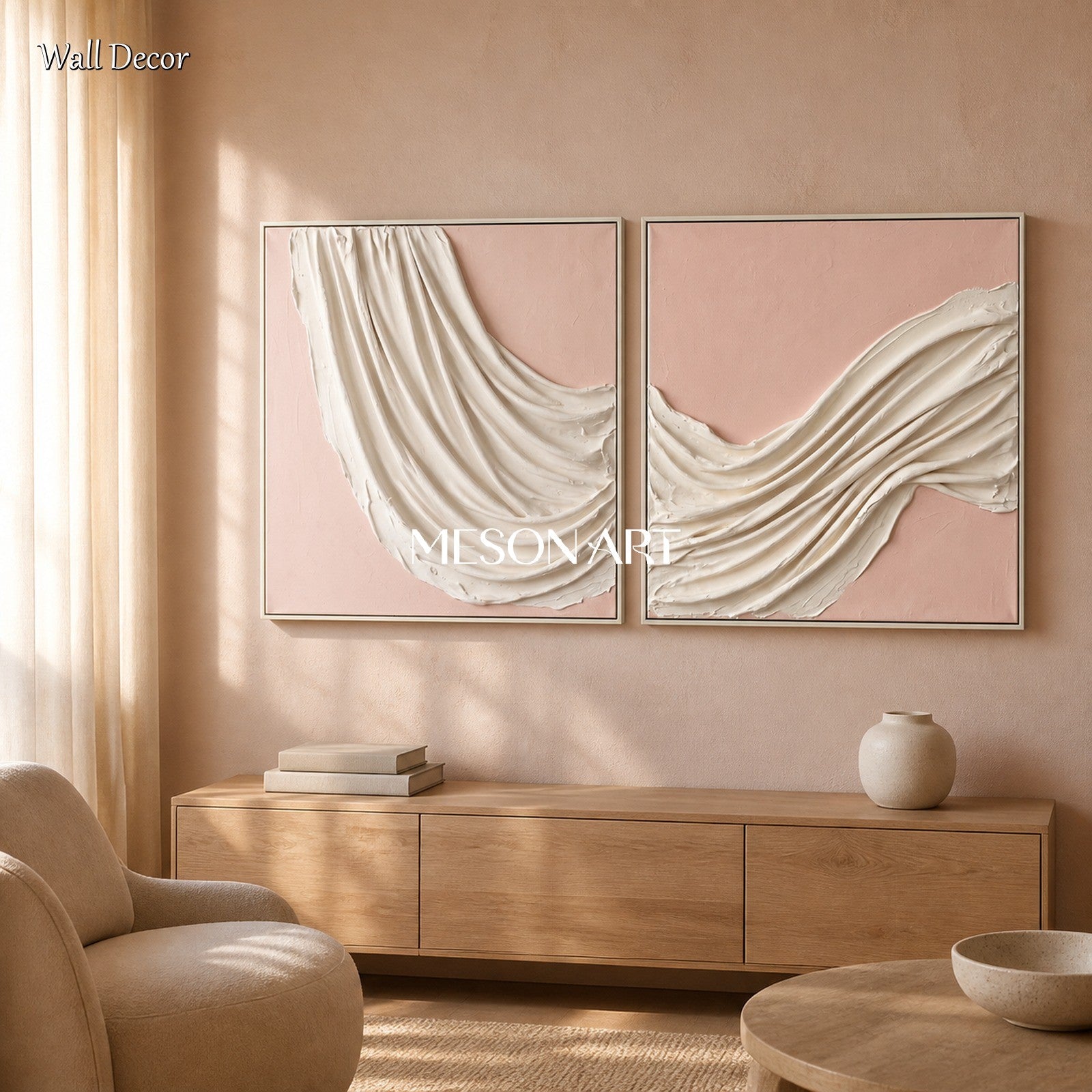 Pink And White Minimalist Art Sculptural Plaster Relief Square Wall Art By Mesonart