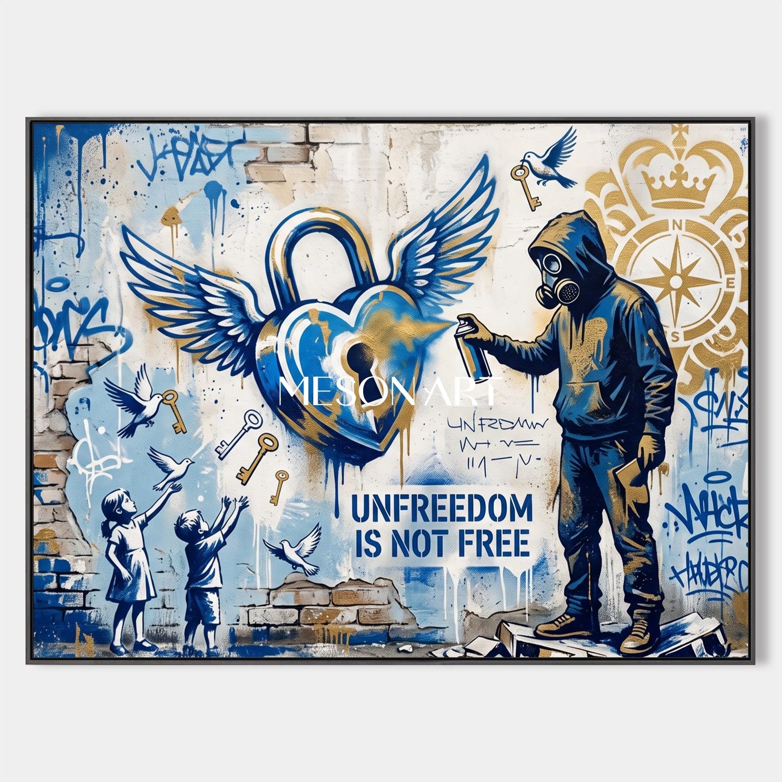 Blue And Gold Graffiti Heart Original Artist Hand Painted Rectangular Wall Art For Living Room By Mesonart