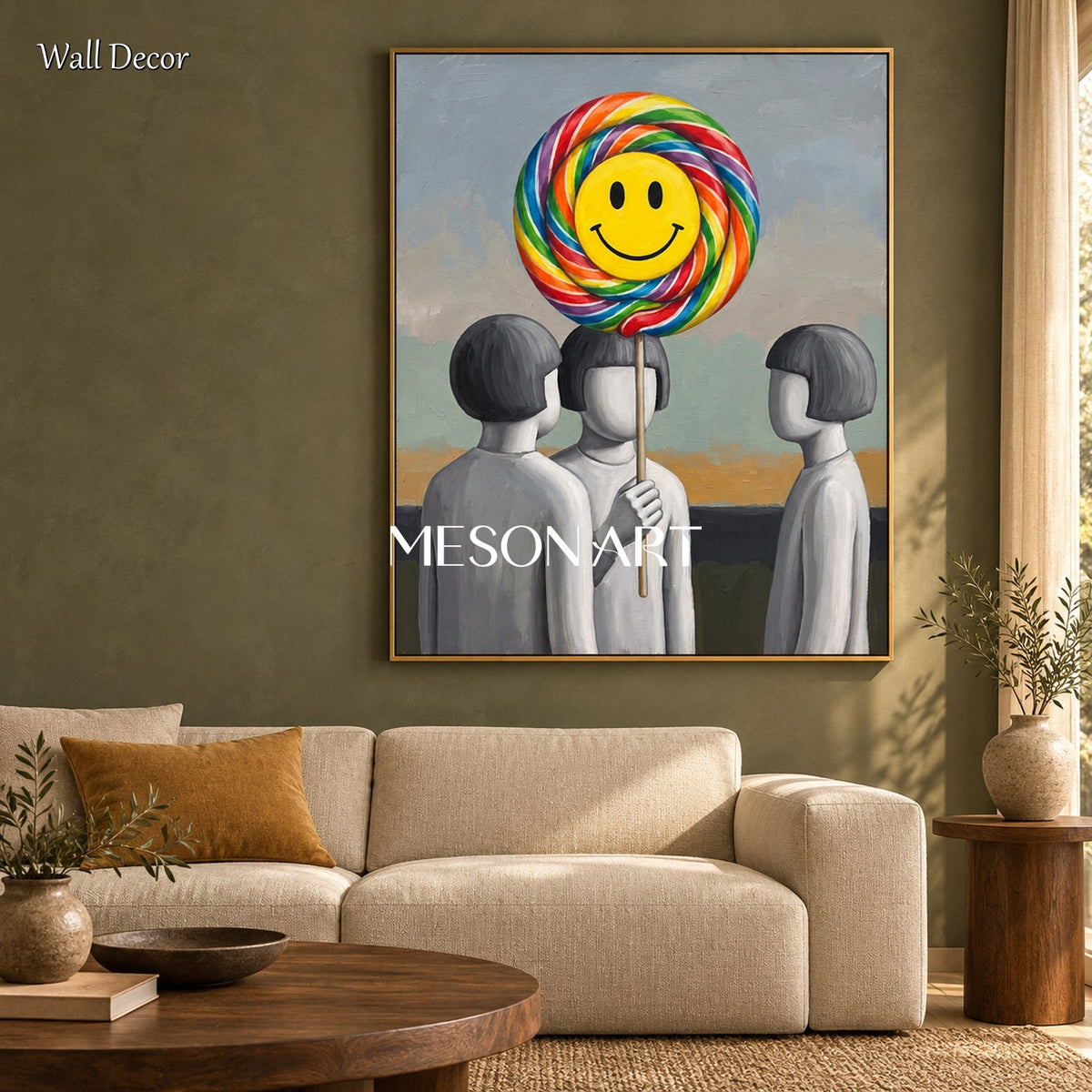 Yellow And Gray Surrealist Painting Lollipop Rectangular Wall Art Original Artist By Mesonart
